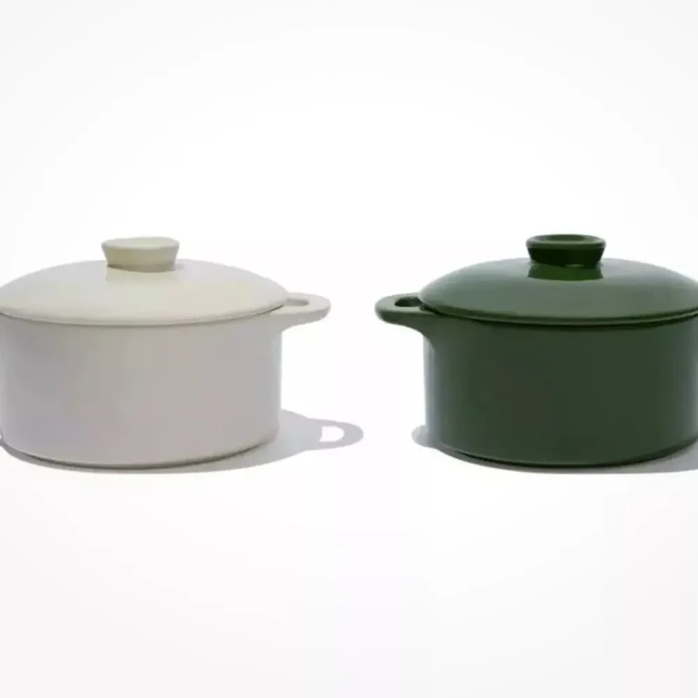 Brocc Your Body Mini Round Ceramic Cocotte Set Green and White Lids NEW IN BOX